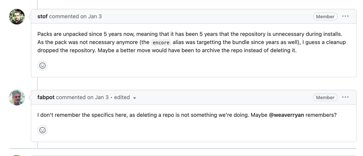 GitHub issue conversation about deleting the old package instead of archiving it.