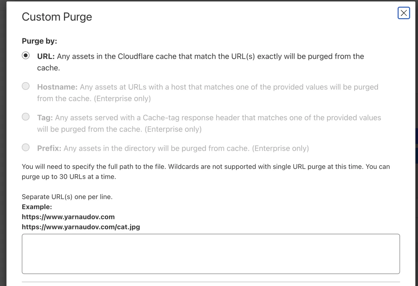 cloudflare custom purge modal